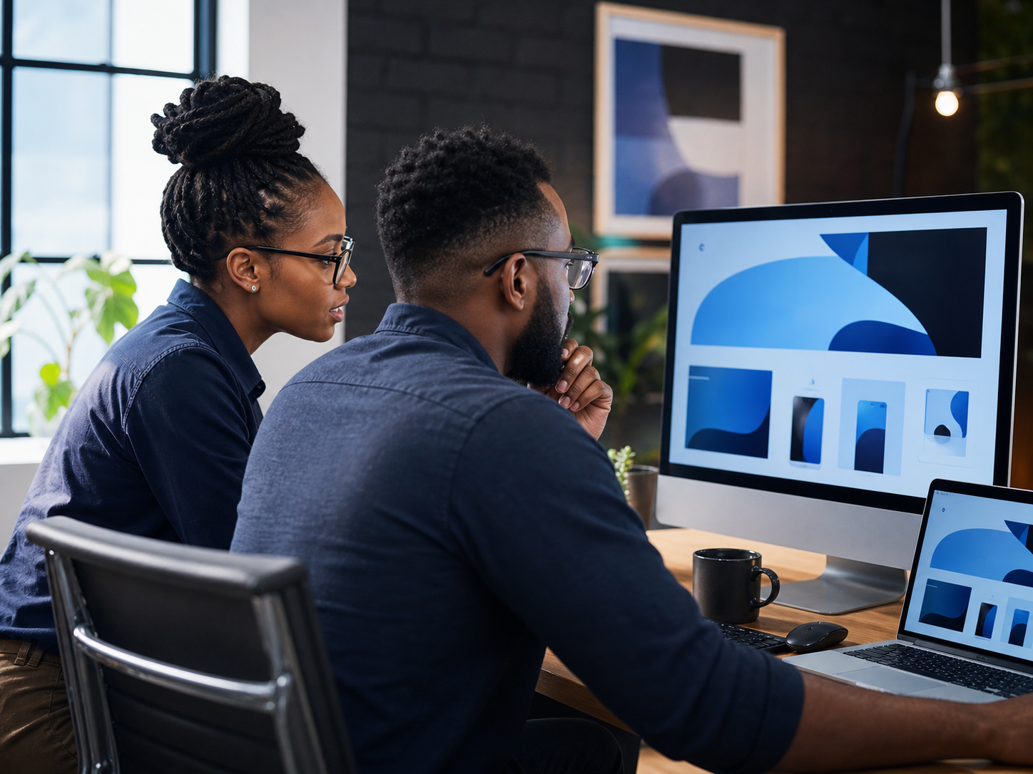 A website specialist and business owner reviewing a responsive website